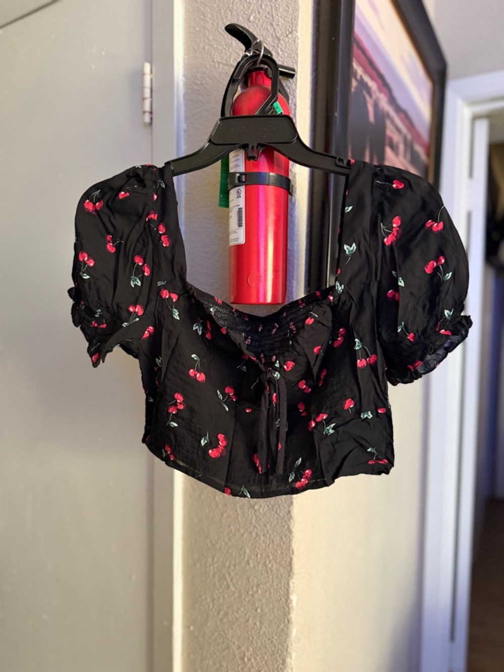 SHEIN Black Cherry Tie-Front Puff Sleeve Crop Top